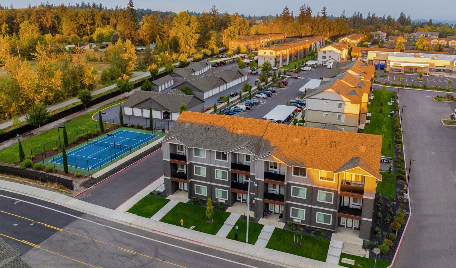 Aerial view of multi-family apartment landscaping installed by SNO Landscape