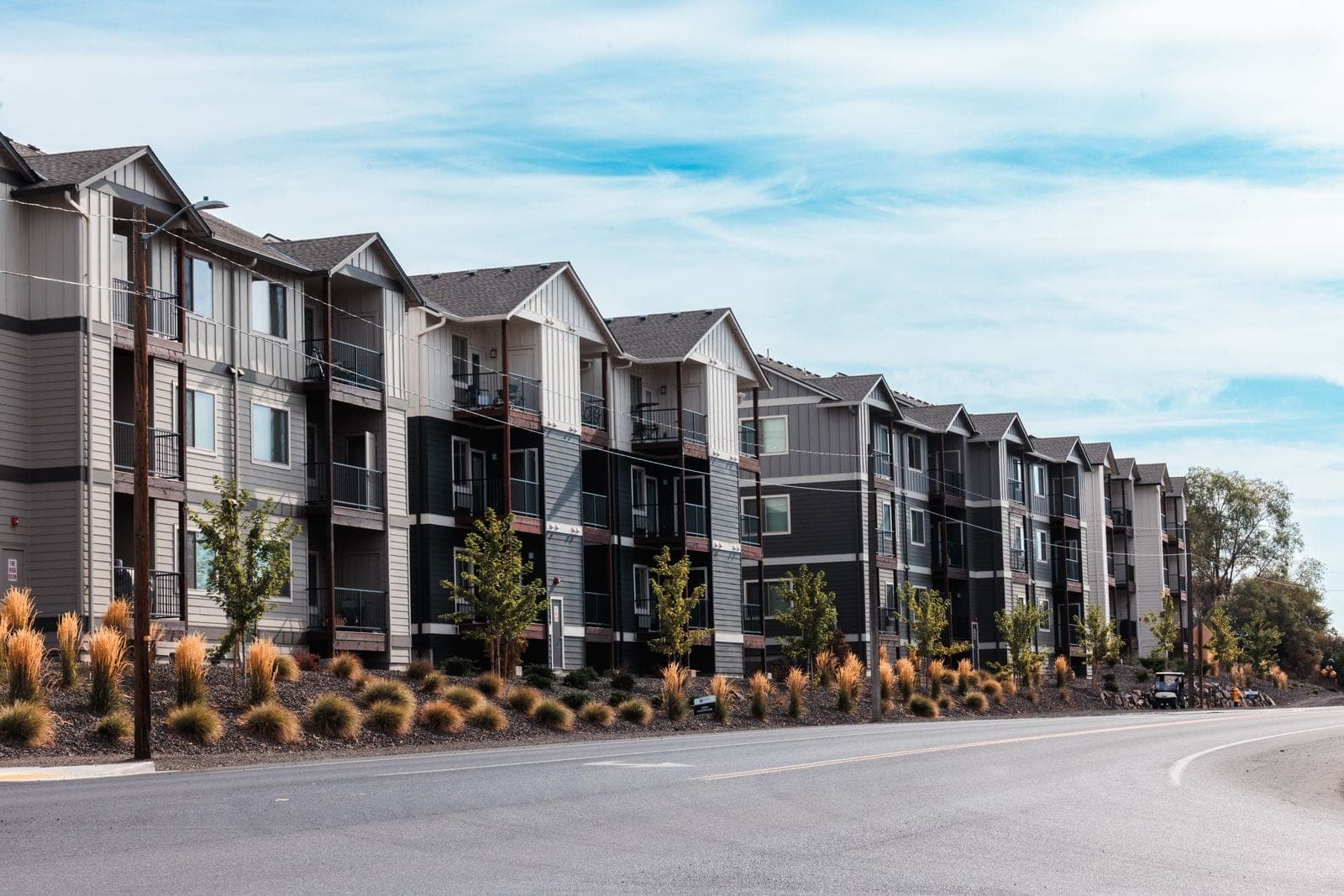 Multi-family streetscape landscaping with ornamental grasses and street trees by SNO Landscape